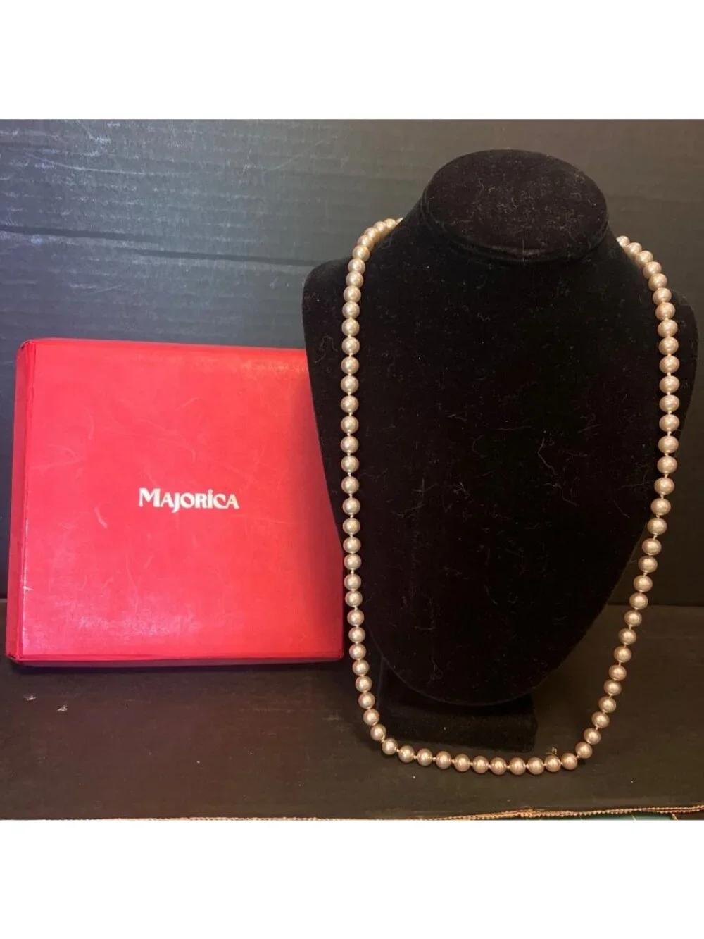 Majorica Simulated Pearl Necklace 30-Inch Strand Silver  Pearls & Red Box VTG